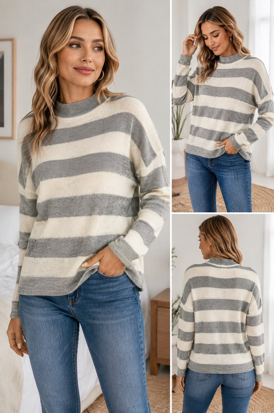Socialite Gray White Striped Mock Neck Dolman Sleeve Sweater Knit Pullover L NWT